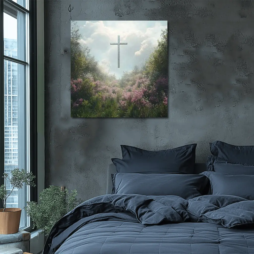 Christian Cross Floating Over Pink Wildflower Garden – Wall Art