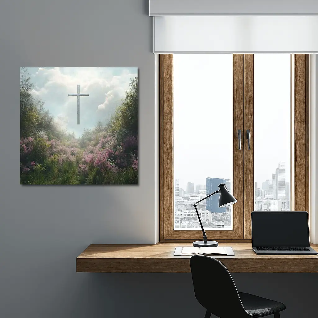 Christian Cross Floating Over Pink Wildflower Garden – Wall Art