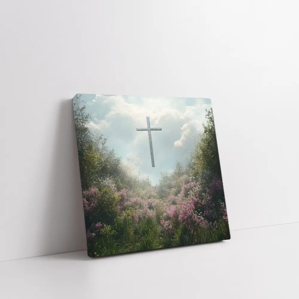 Christian Cross Floating Over Pink Wildflower Garden – Wall Art
