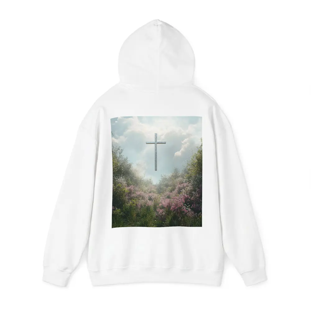 Christian Cross Floating Over Pink Wildflower Garden – Hoodies