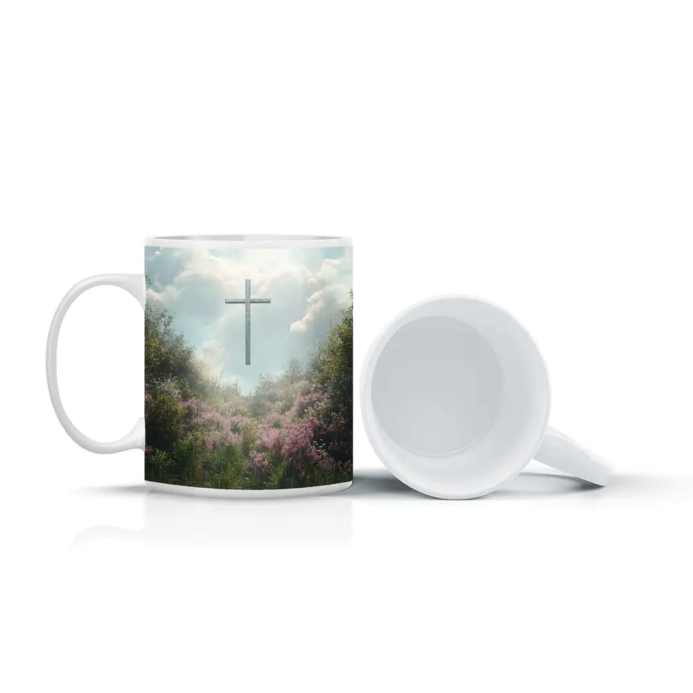 Christian Cross Floating Over Pink Wildflower Garden – Mugs