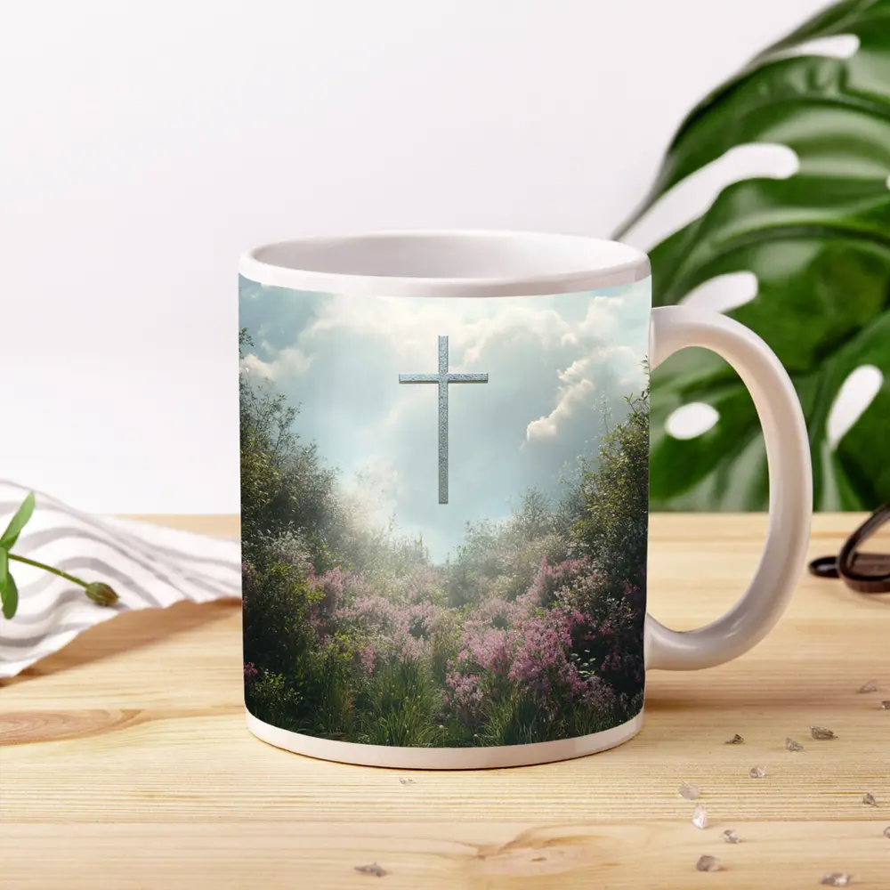 Christian Cross Floating Over Pink Wildflower Garden – Mugs