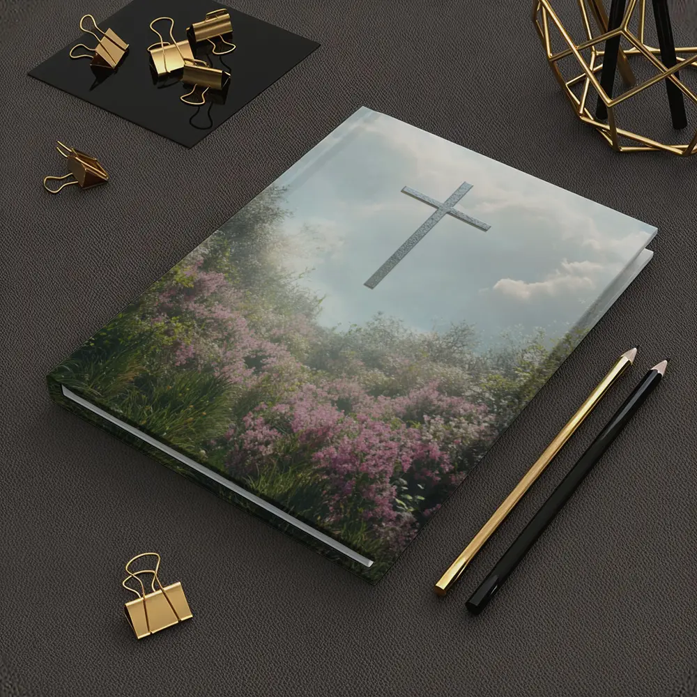 Christian Cross Floating Over Pink Wildflower Garden – Notebooks