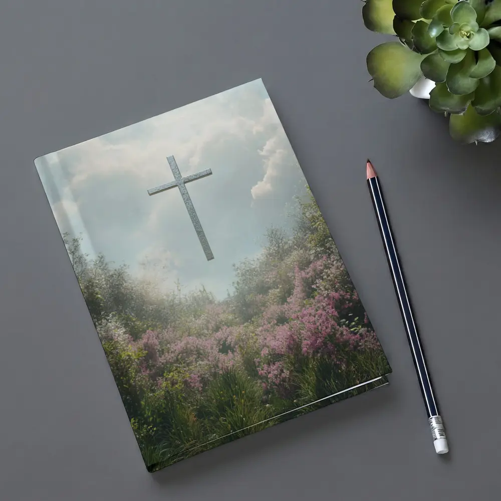 Christian Cross Floating Over Pink Wildflower Garden – Notebooks