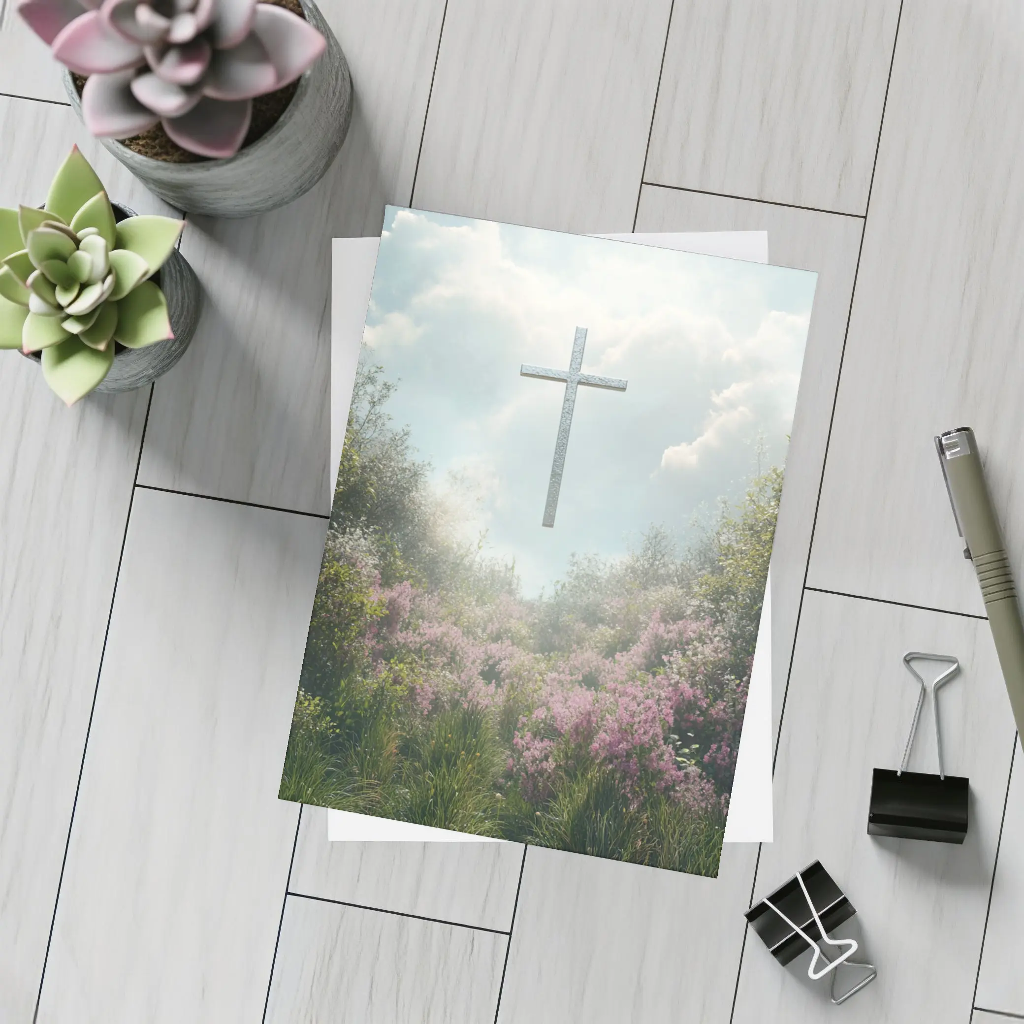 Christian Cross Floating Over Pink Wildflower Garden – Postcards