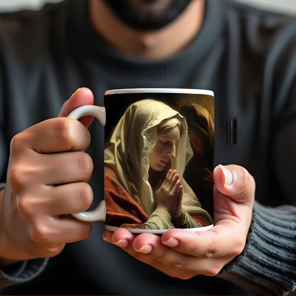 Virgin Mary Praying Classical Religious Oil Painting – Mugs