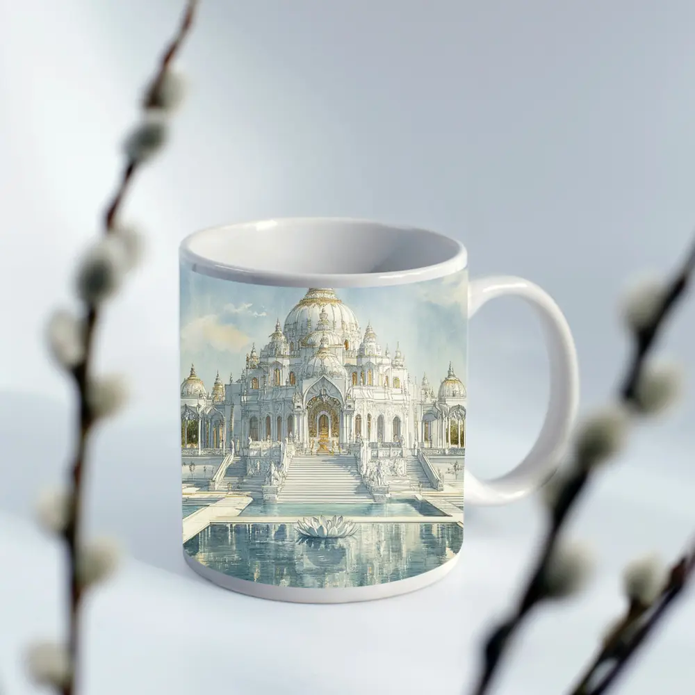 White Marble Hindu Temple Watercolor Art – Mugs