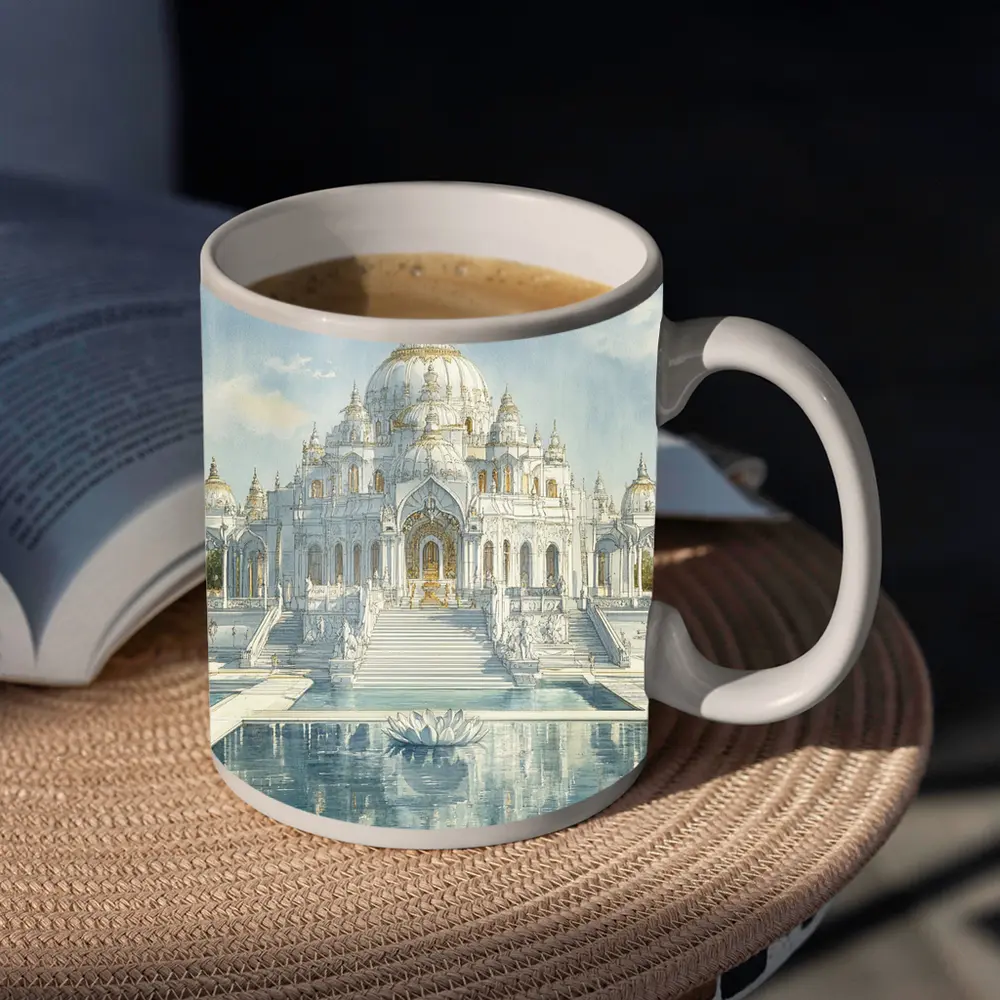 White Marble Hindu Temple Watercolor Art – Mugs