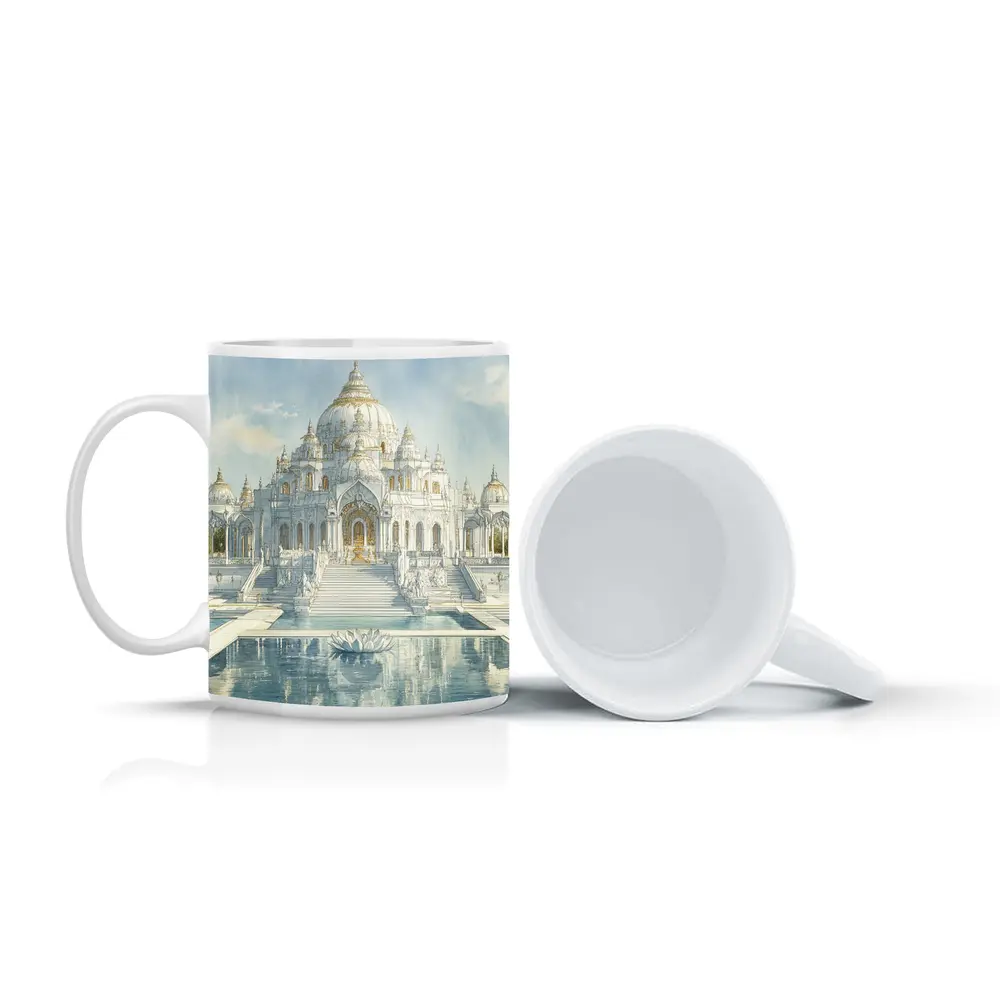 White Marble Hindu Temple Watercolor Art – Mugs