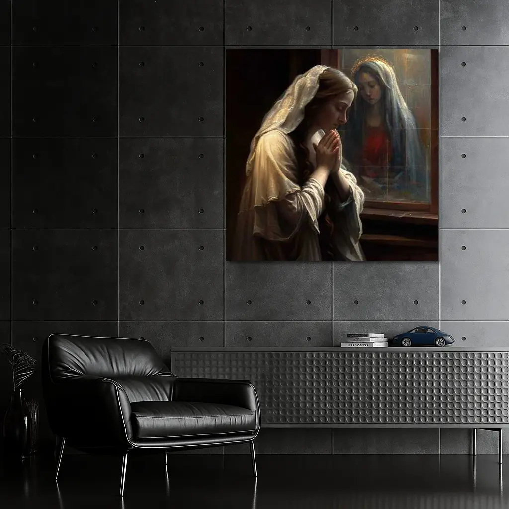 Woman Praying Before Virgin Mary Window – Wall Art