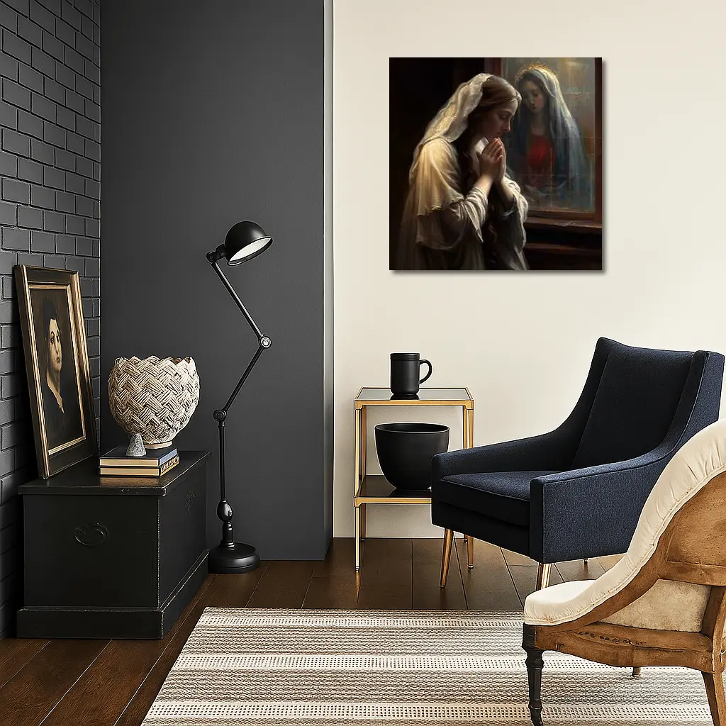 Woman Praying Before Virgin Mary Window – Wall Art