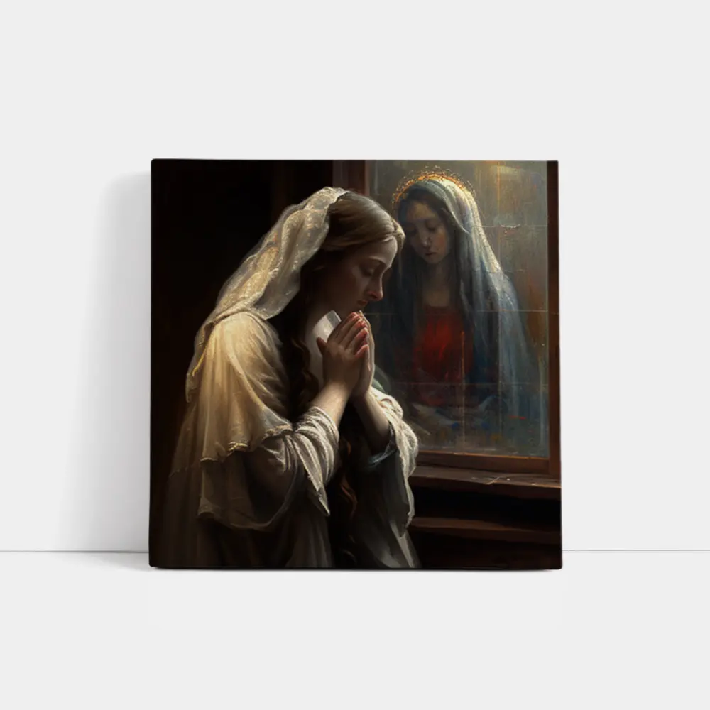 Woman Praying Before Virgin Mary Window – Wall Art