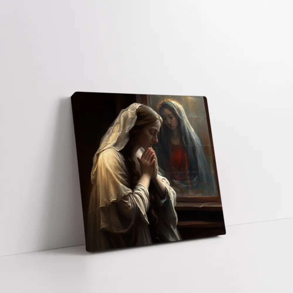 Woman Praying Before Virgin Mary Window – Wall Art