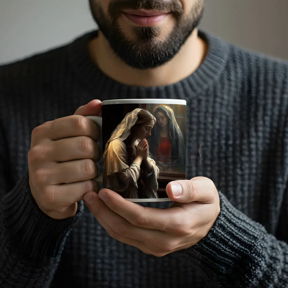 Woman Praying Before Virgin Mary Window – Mugs