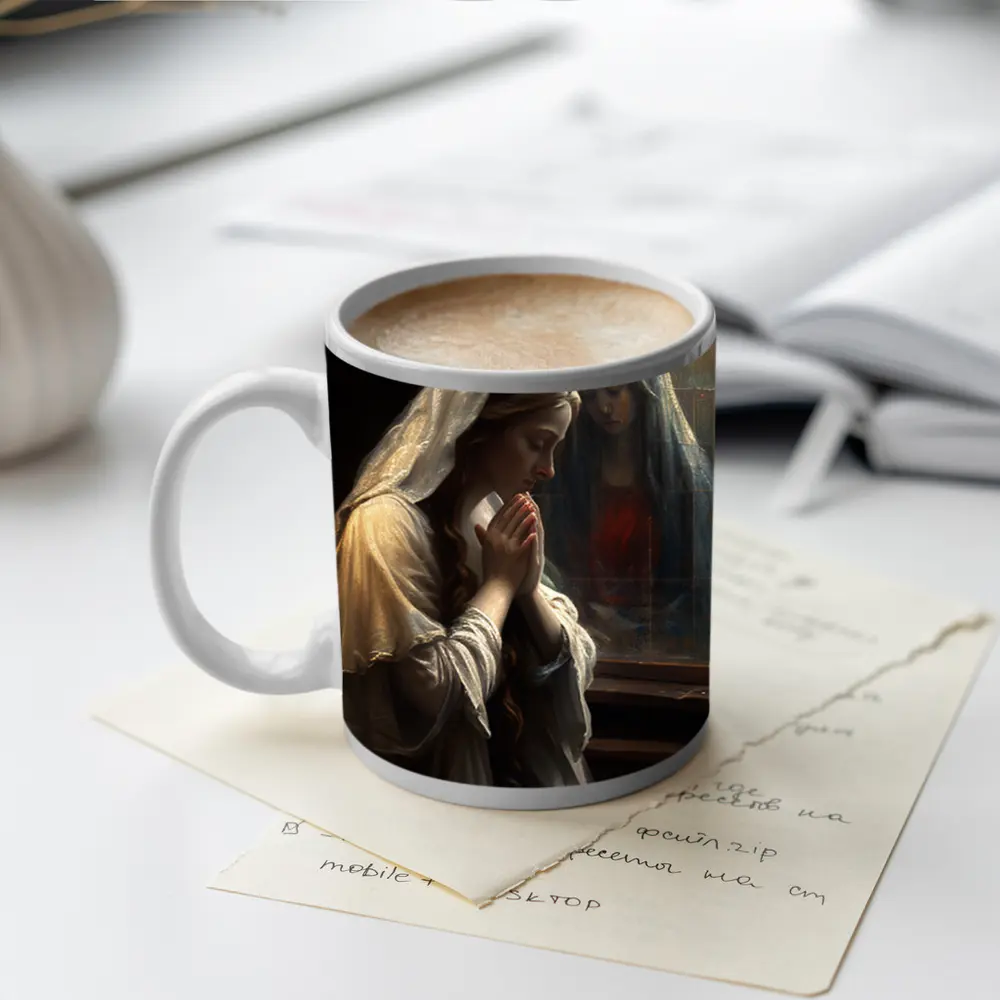 Woman Praying Before Virgin Mary Window – Mugs