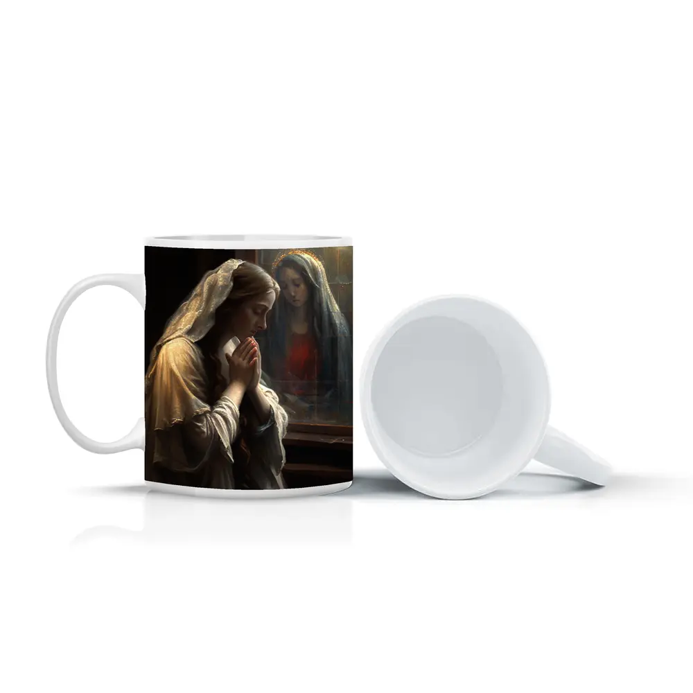 Woman Praying Before Virgin Mary Window – Mugs