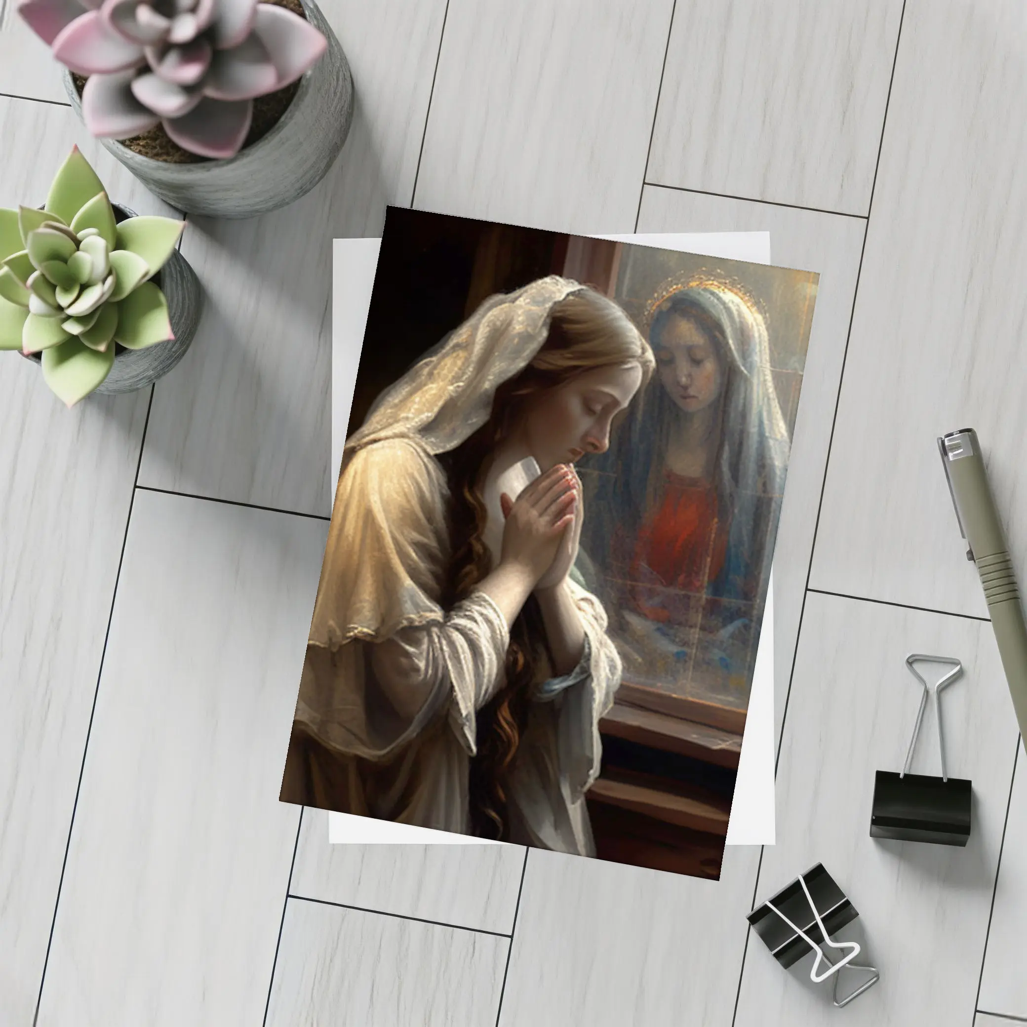 Woman Praying Before Virgin Mary Window – Postcards