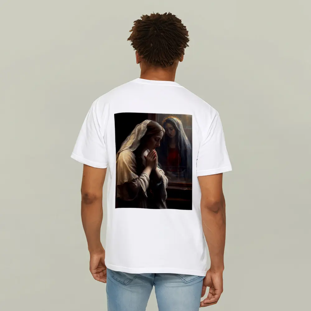 Woman Praying Before Virgin Mary Window – T-Shirts