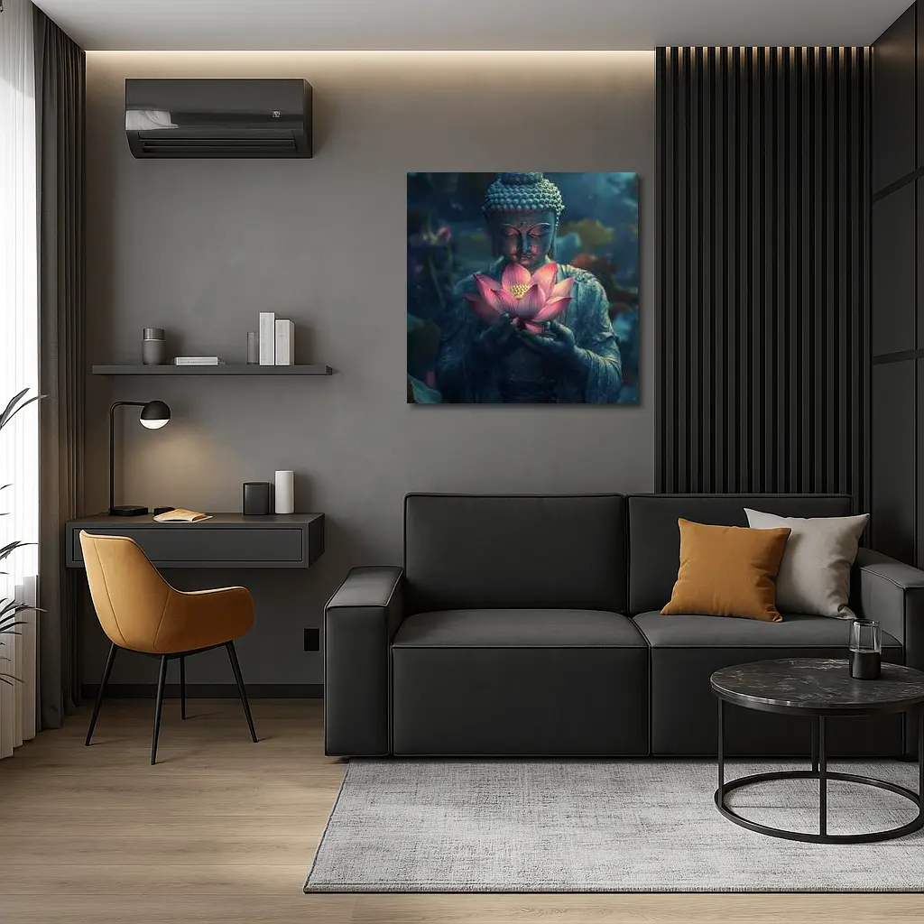 Buddha Statue Holding Pink Lotus Flower – Wall Art