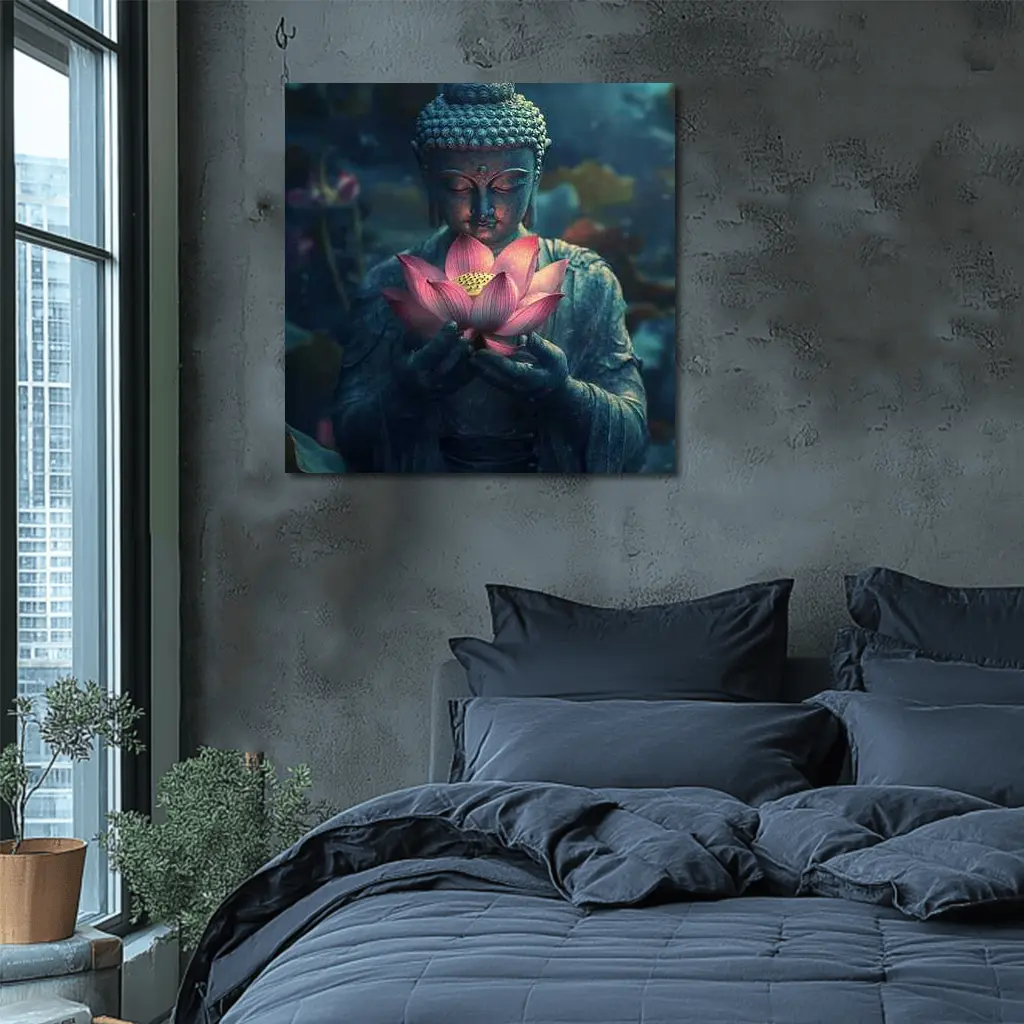 Buddha Statue Holding Pink Lotus Flower – Wall Art
