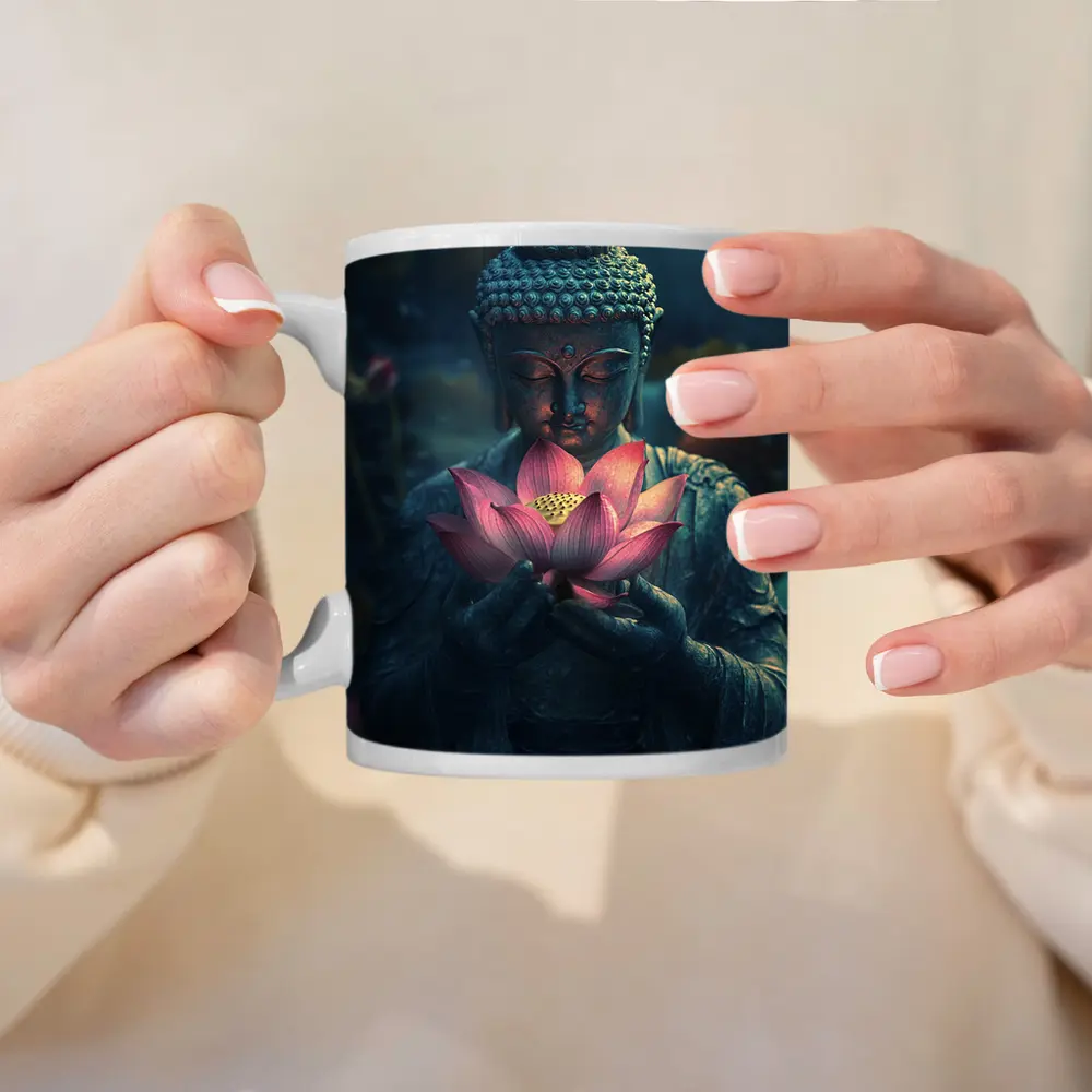 Buddha Statue Holding Pink Lotus Flower – Mugs