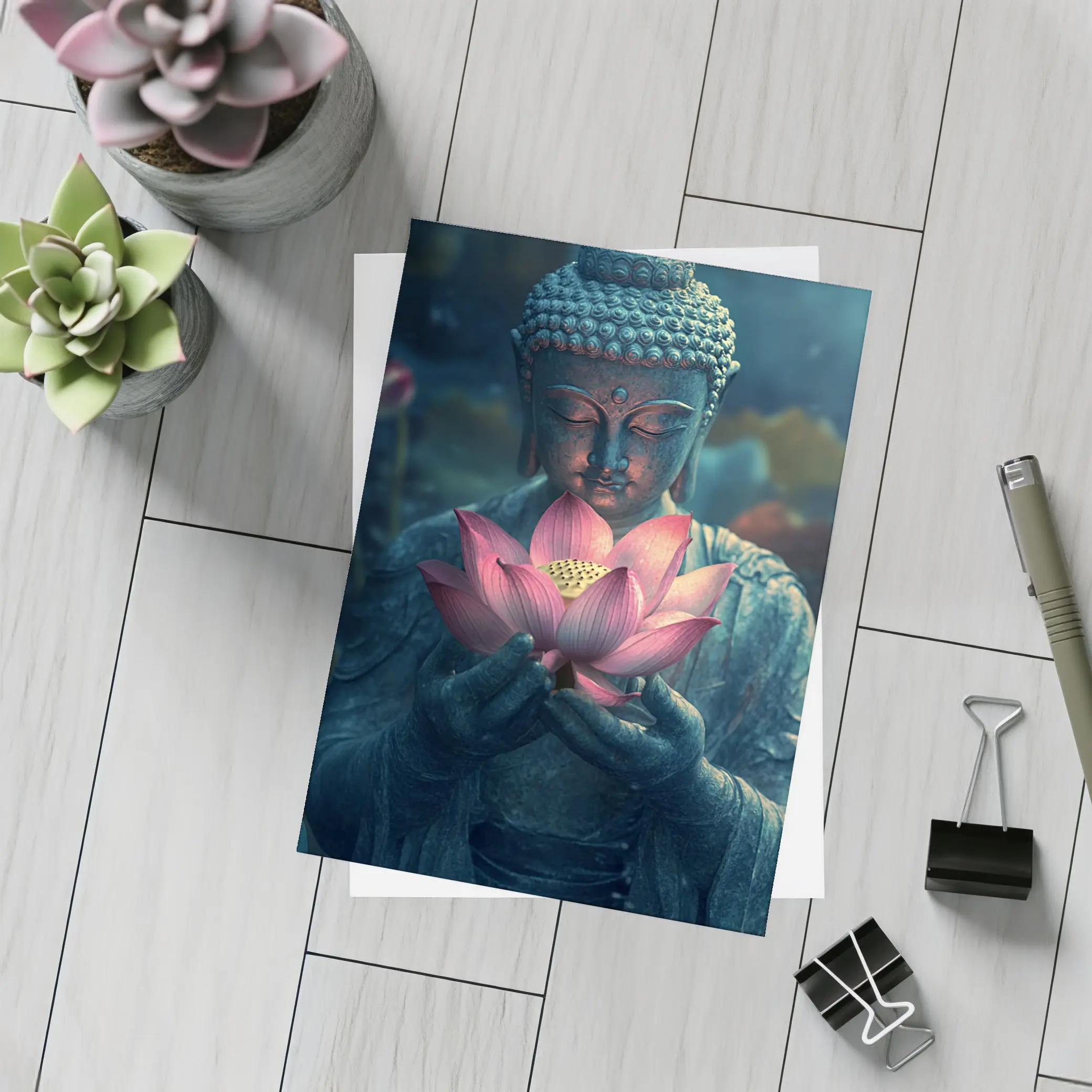Buddha Statue Holding Pink Lotus Flower – Postcards