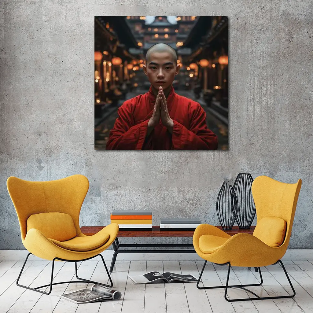 Young Buddhist Monk Praying Temple Lanterns – Wall Art