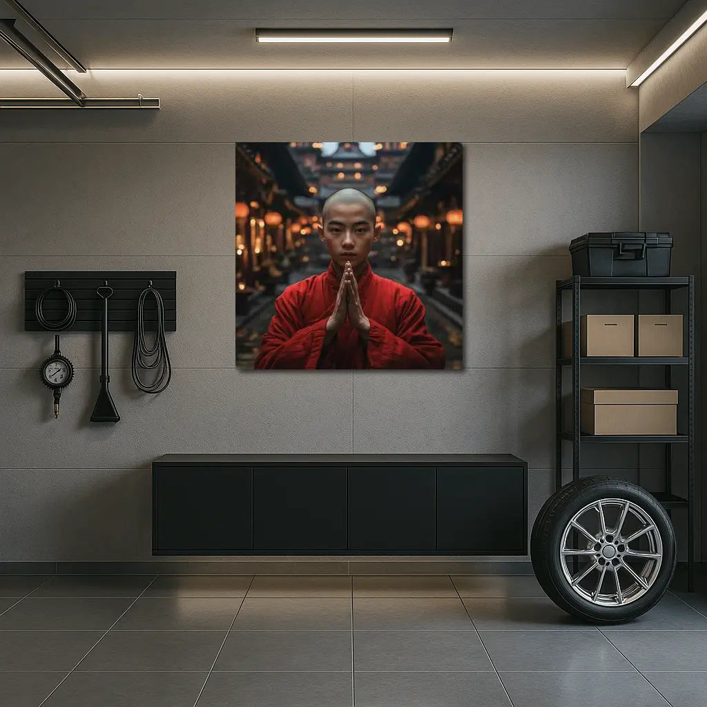 Young Buddhist Monk Praying Temple Lanterns – Wall Art