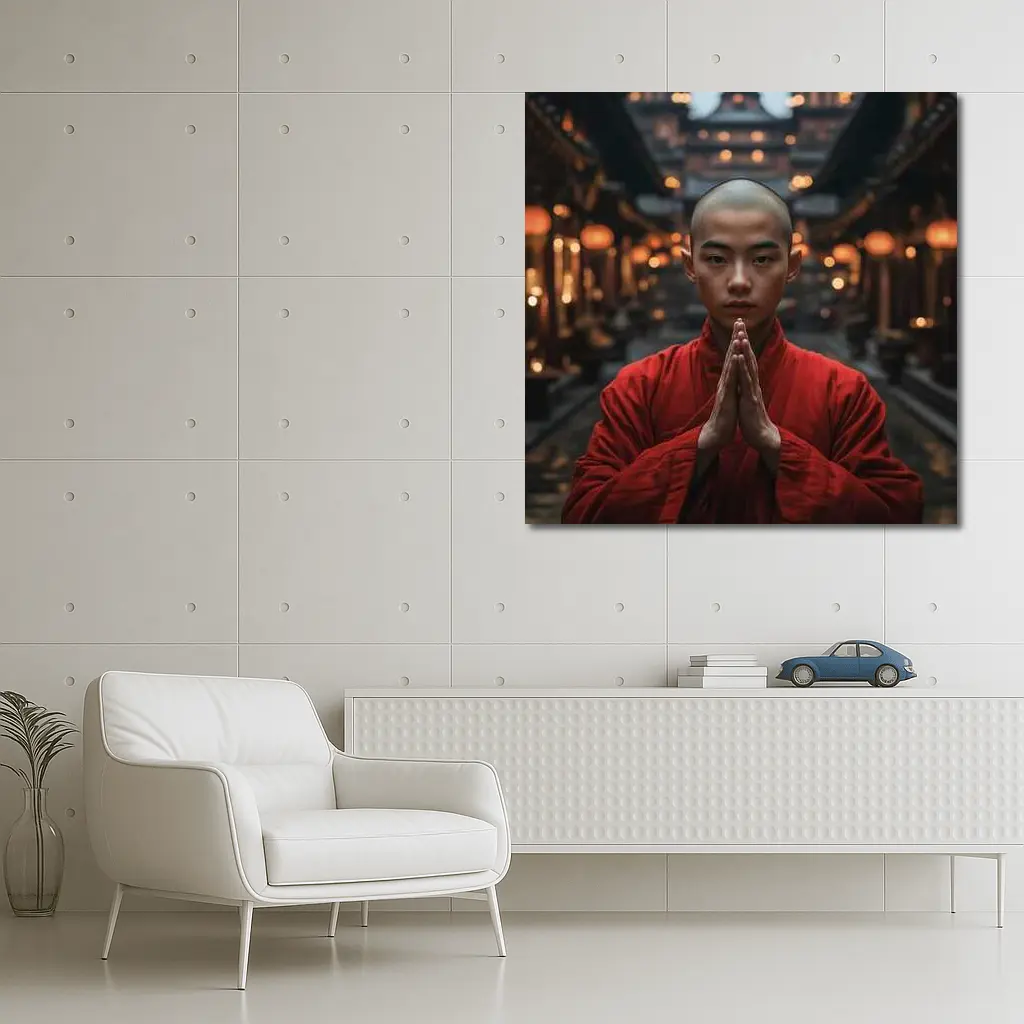 Young Buddhist Monk Praying Temple Lanterns – Wall Art