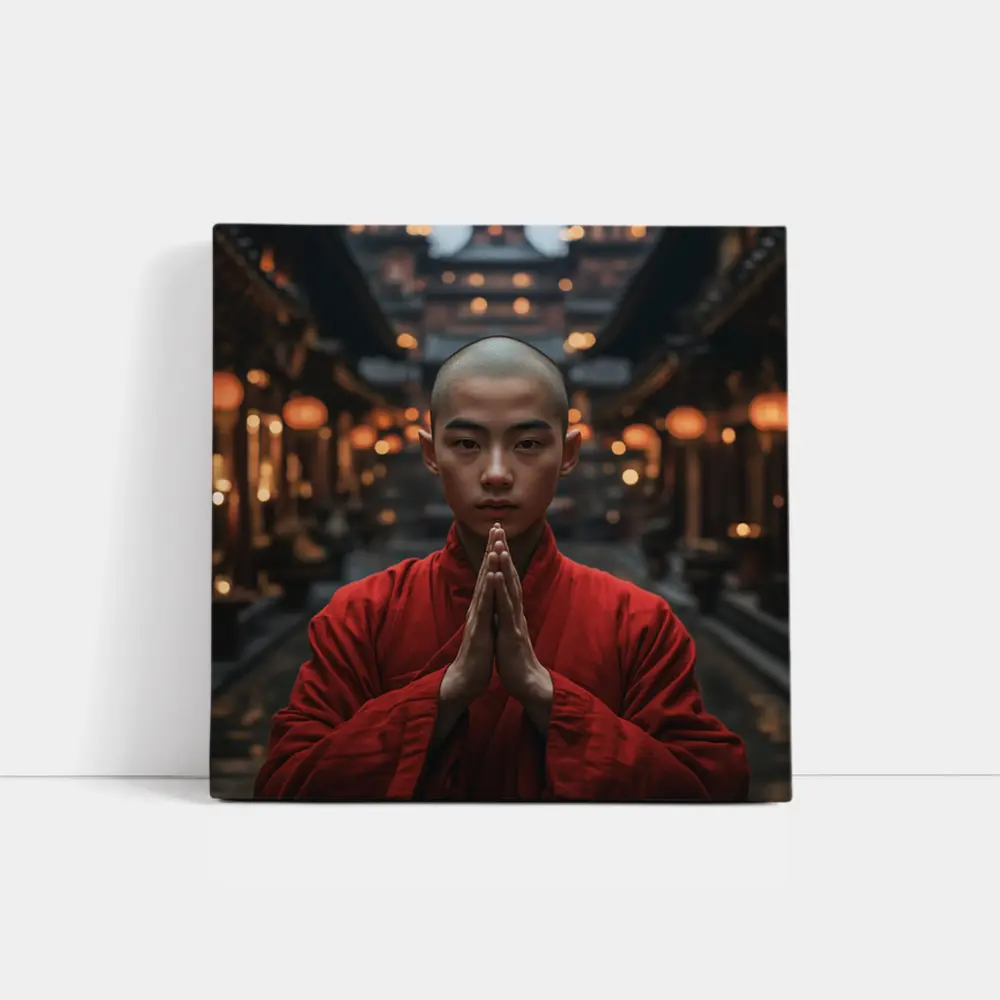 Young Buddhist Monk Praying Temple Lanterns – Wall Art