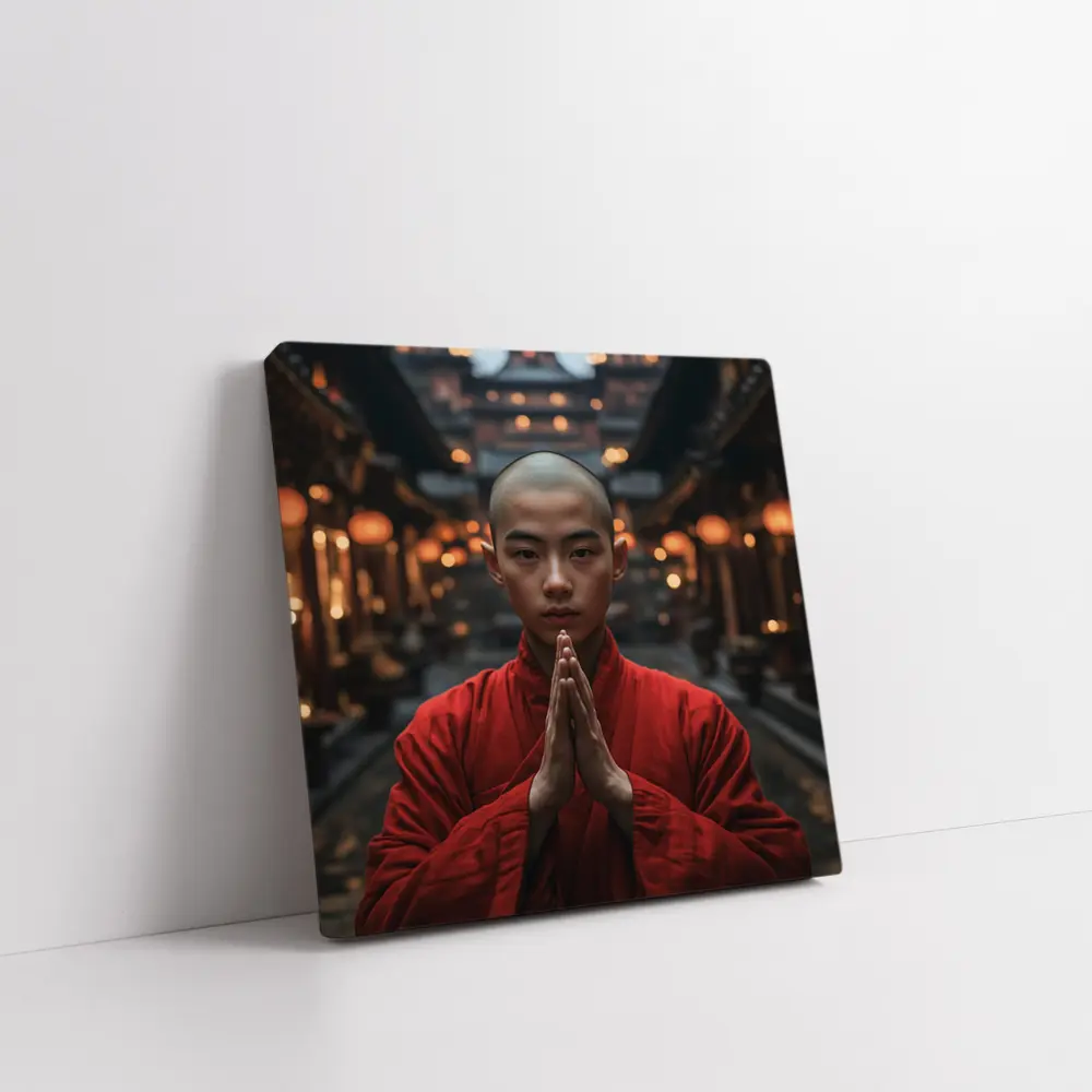 Young Buddhist Monk Praying Temple Lanterns – Wall Art