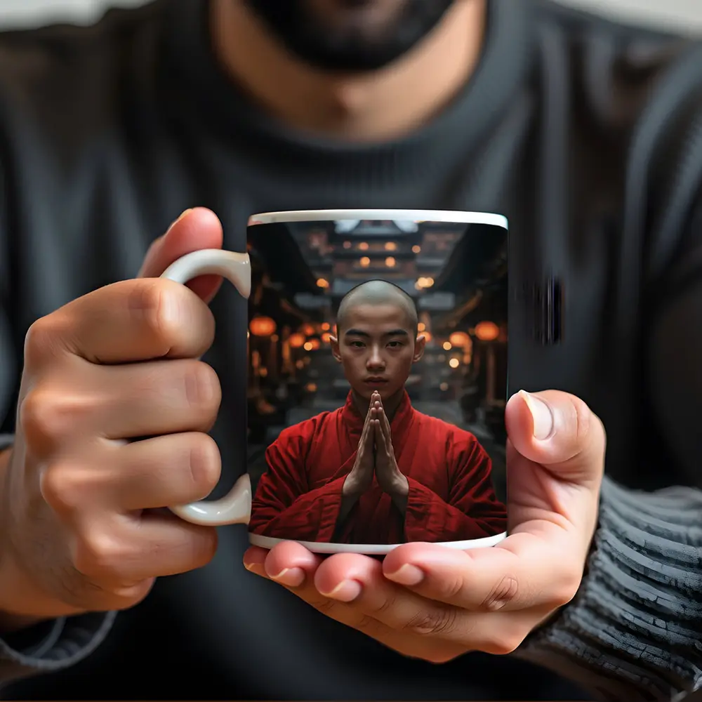 Young Buddhist Monk Praying Temple Lanterns – Mugs