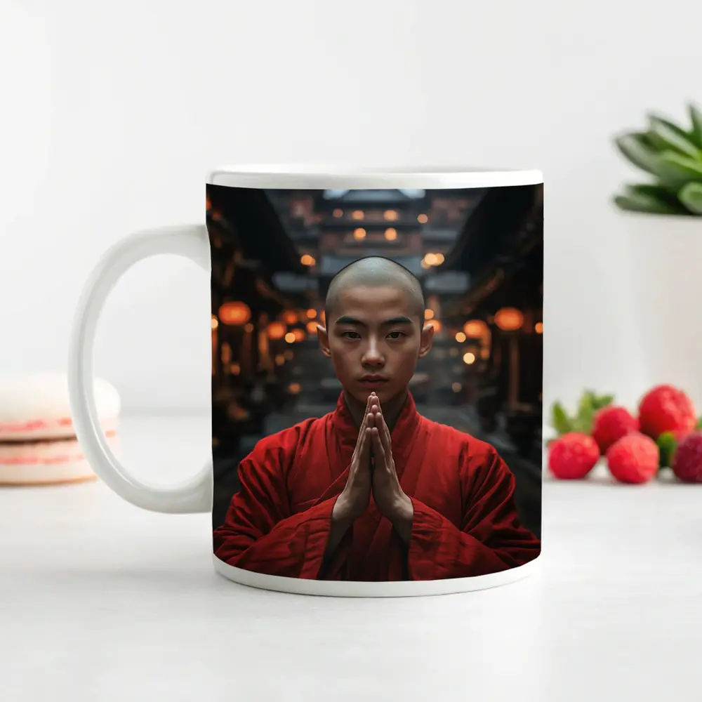 Young Buddhist Monk Praying Temple Lanterns – Mugs