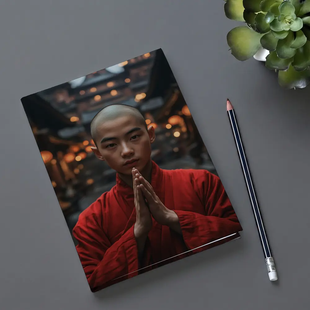Young Buddhist Monk Praying Temple Lanterns – Notebooks