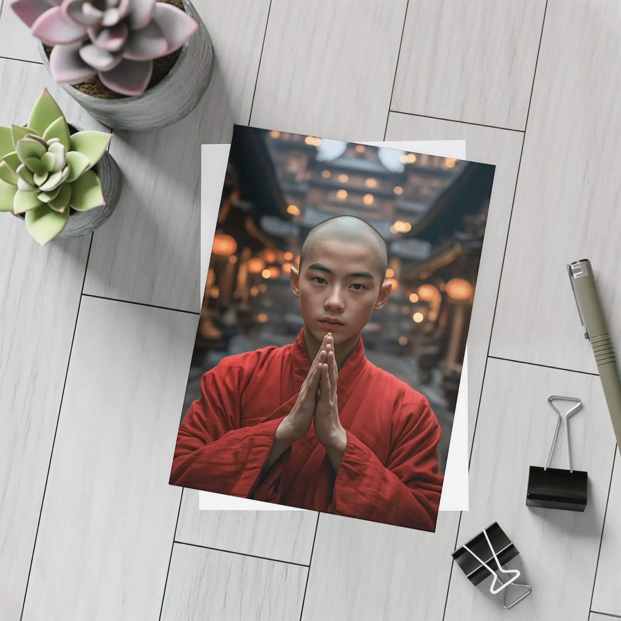 Young Buddhist Monk Praying Temple Lanterns – Postcards