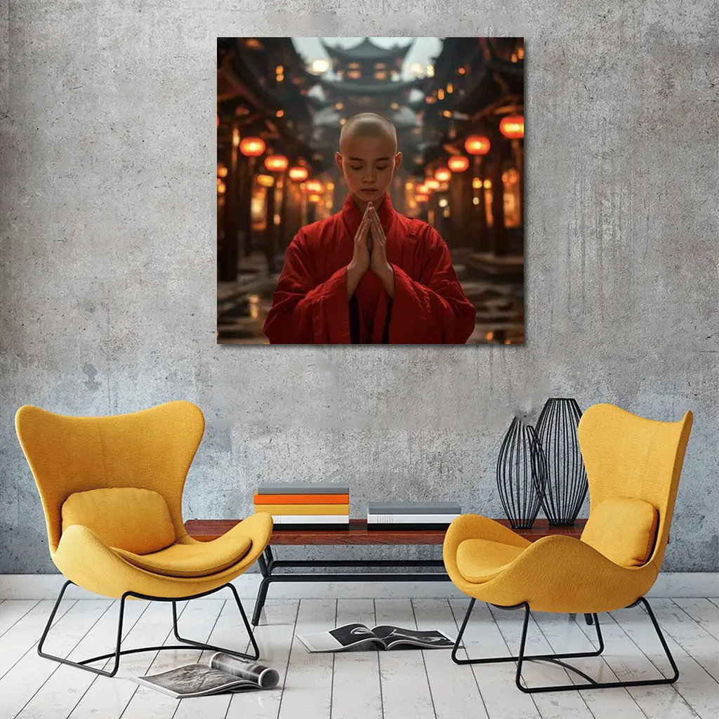 Young Buddhist Monk Praying In Temple – Wall Art