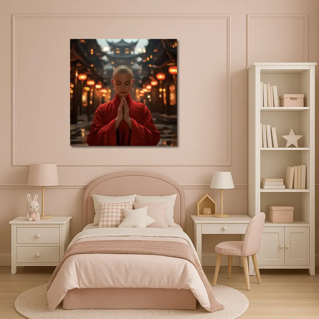 Young Buddhist Monk Praying In Temple – Wall Art
