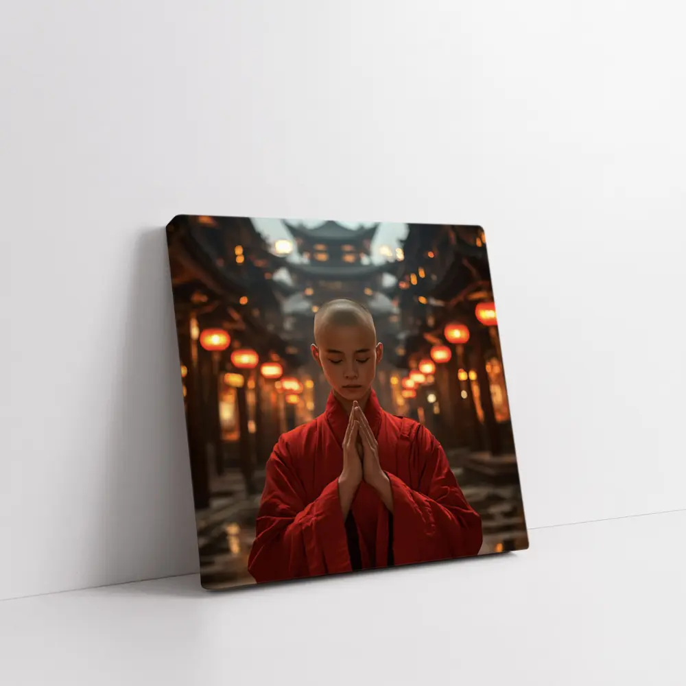 Young Buddhist Monk Praying In Temple – Wall Art