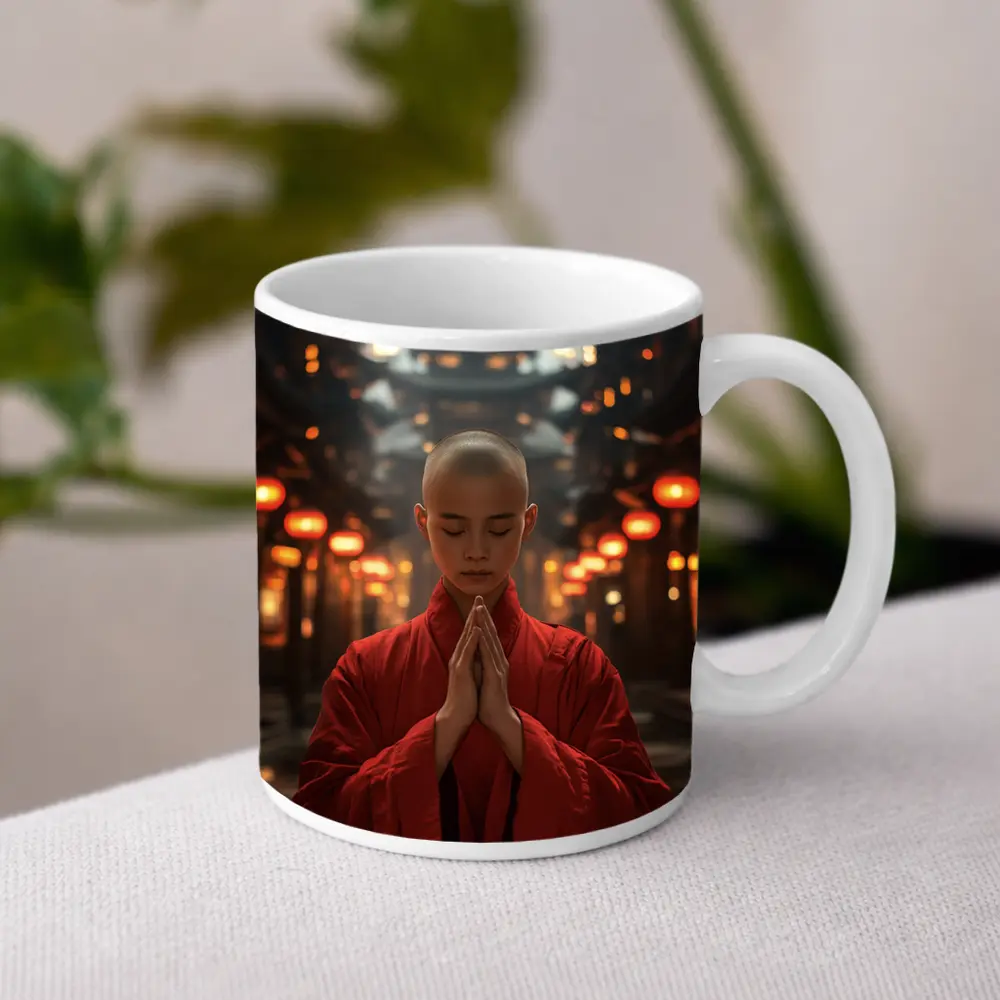 Young Buddhist Monk Praying In Temple – Mugs