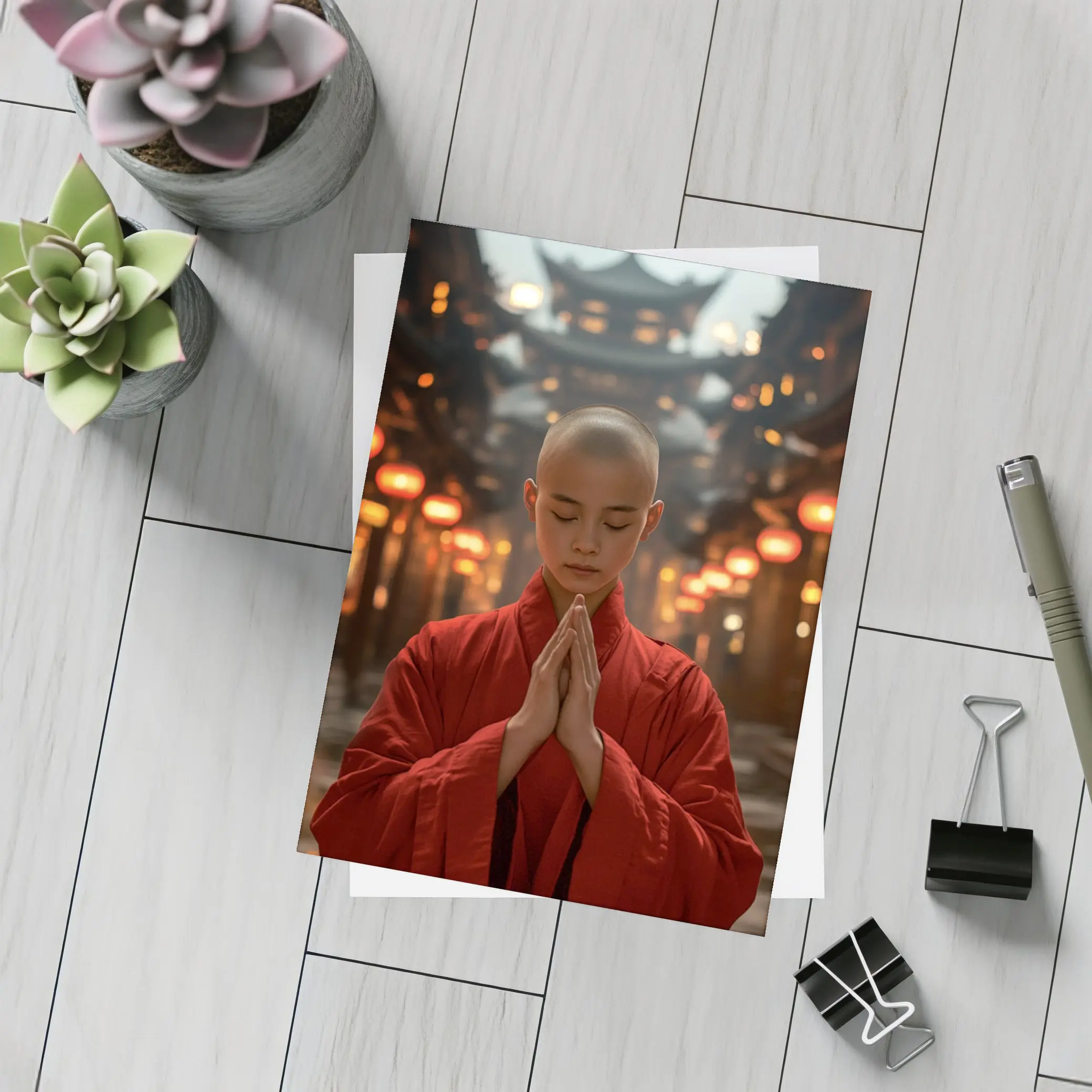 Young Buddhist Monk Praying In Temple – Postcards