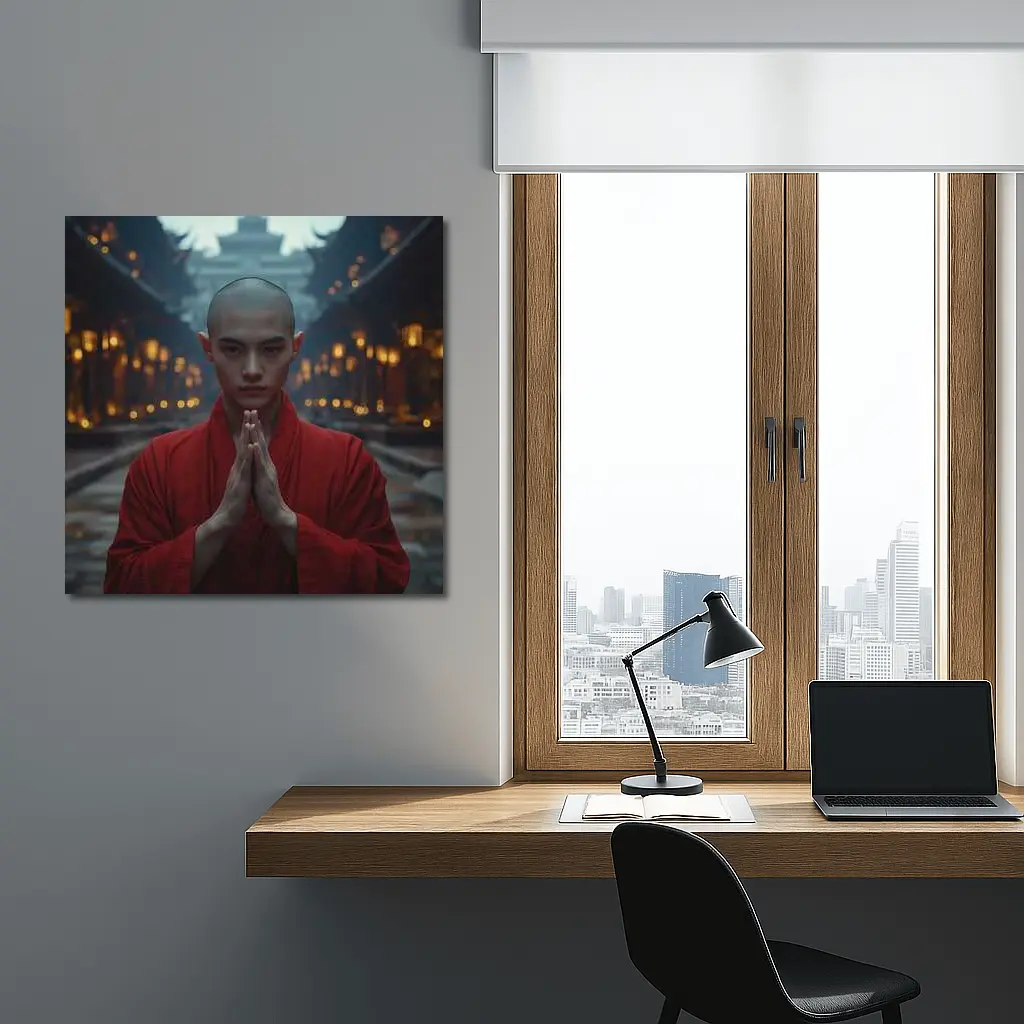 Young Buddhist Monk Praying Temple Lanterns – Wall Art