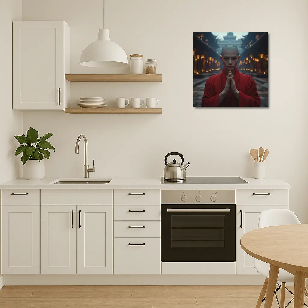 Young Buddhist Monk Praying Temple Lanterns – Wall Art