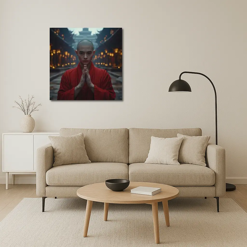 Young Buddhist Monk Praying Temple Lanterns – Wall Art