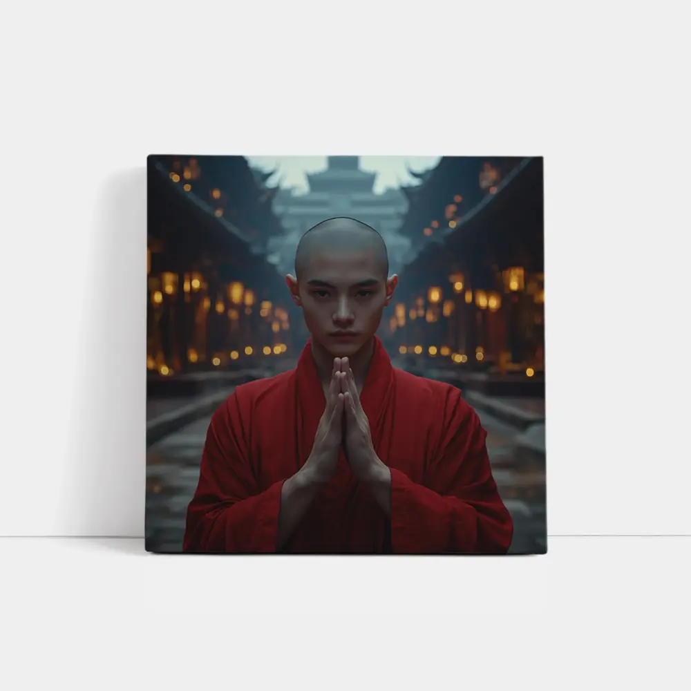 Young Buddhist Monk Praying Temple Lanterns – Wall Art