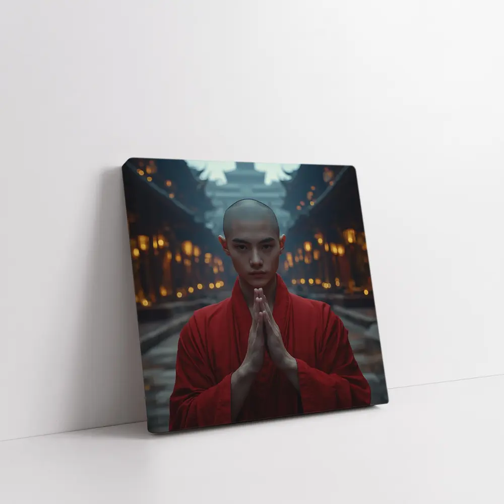 Young Buddhist Monk Praying Temple Lanterns – Wall Art