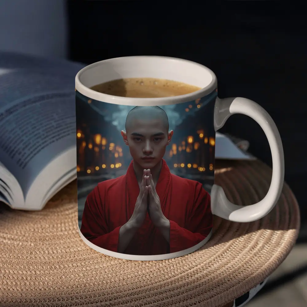 Young Buddhist Monk Praying Temple Lanterns – Mugs