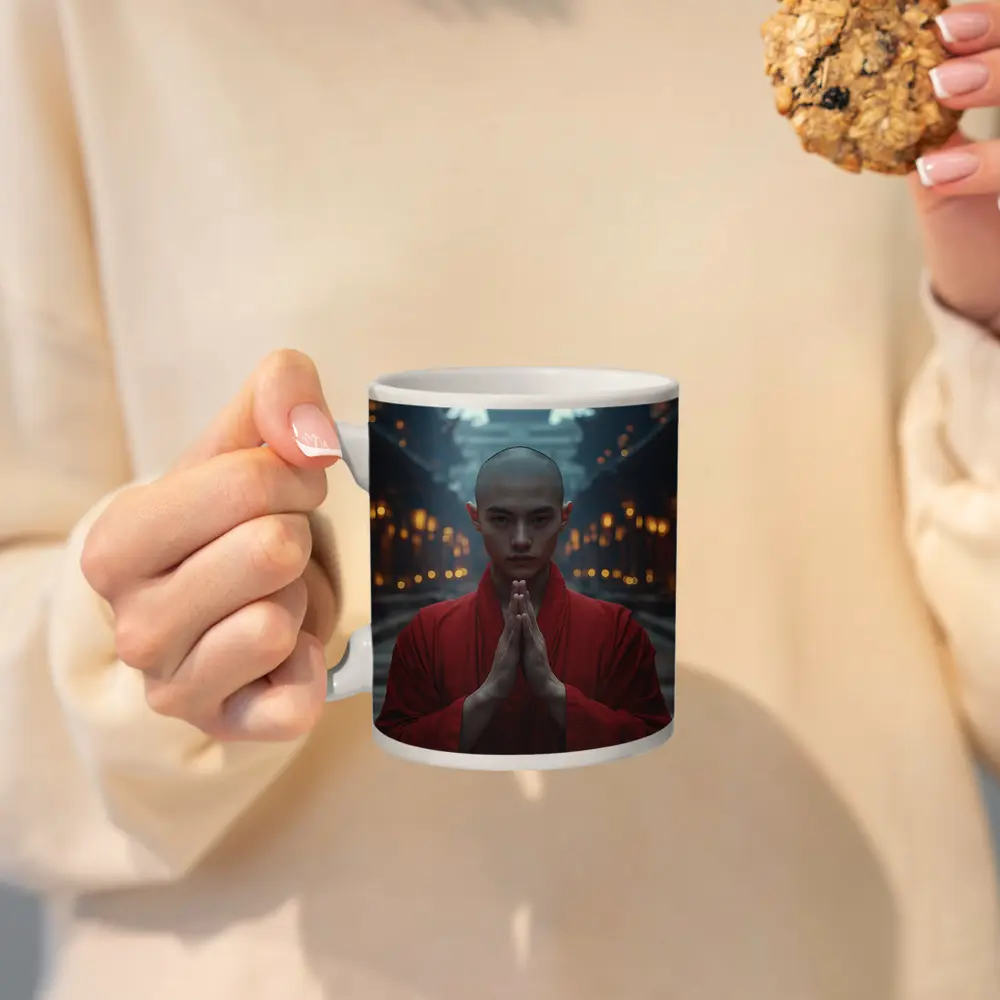 Young Buddhist Monk Praying Temple Lanterns – Mugs