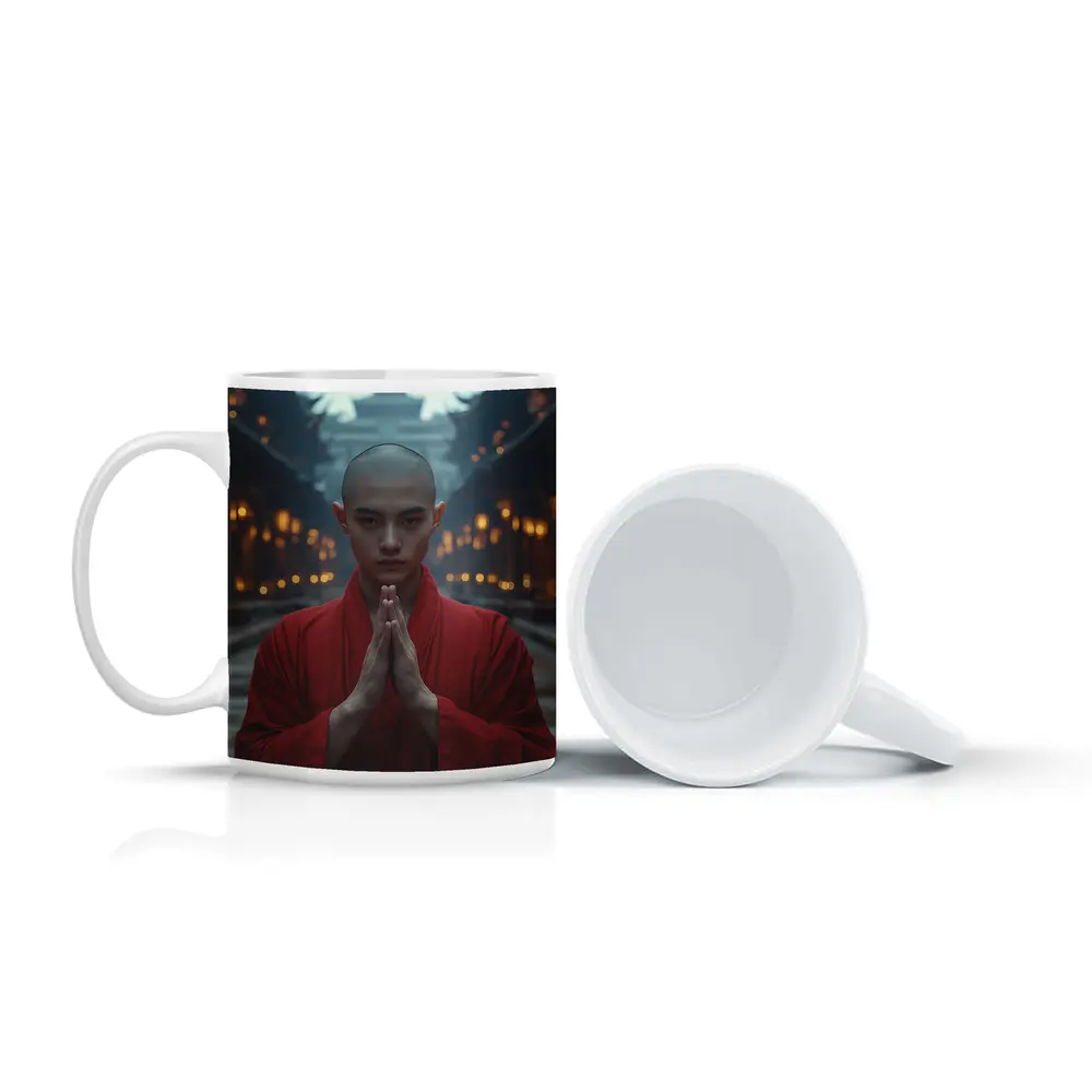 Young Buddhist Monk Praying Temple Lanterns – Mugs
