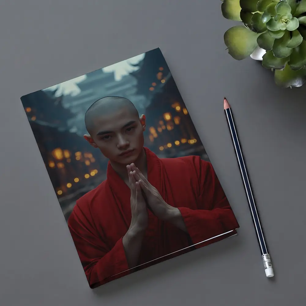 Young Buddhist Monk Praying Temple Lanterns – Notebooks