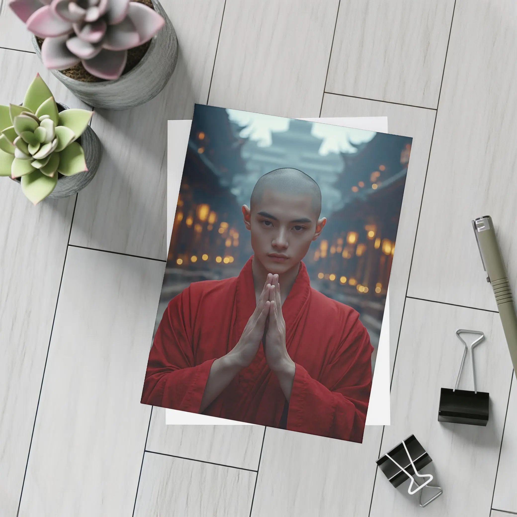 Young Buddhist Monk Praying Temple Lanterns – Postcards